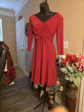 Chaps Red Long Sleeve V-Neck Wrap Dress